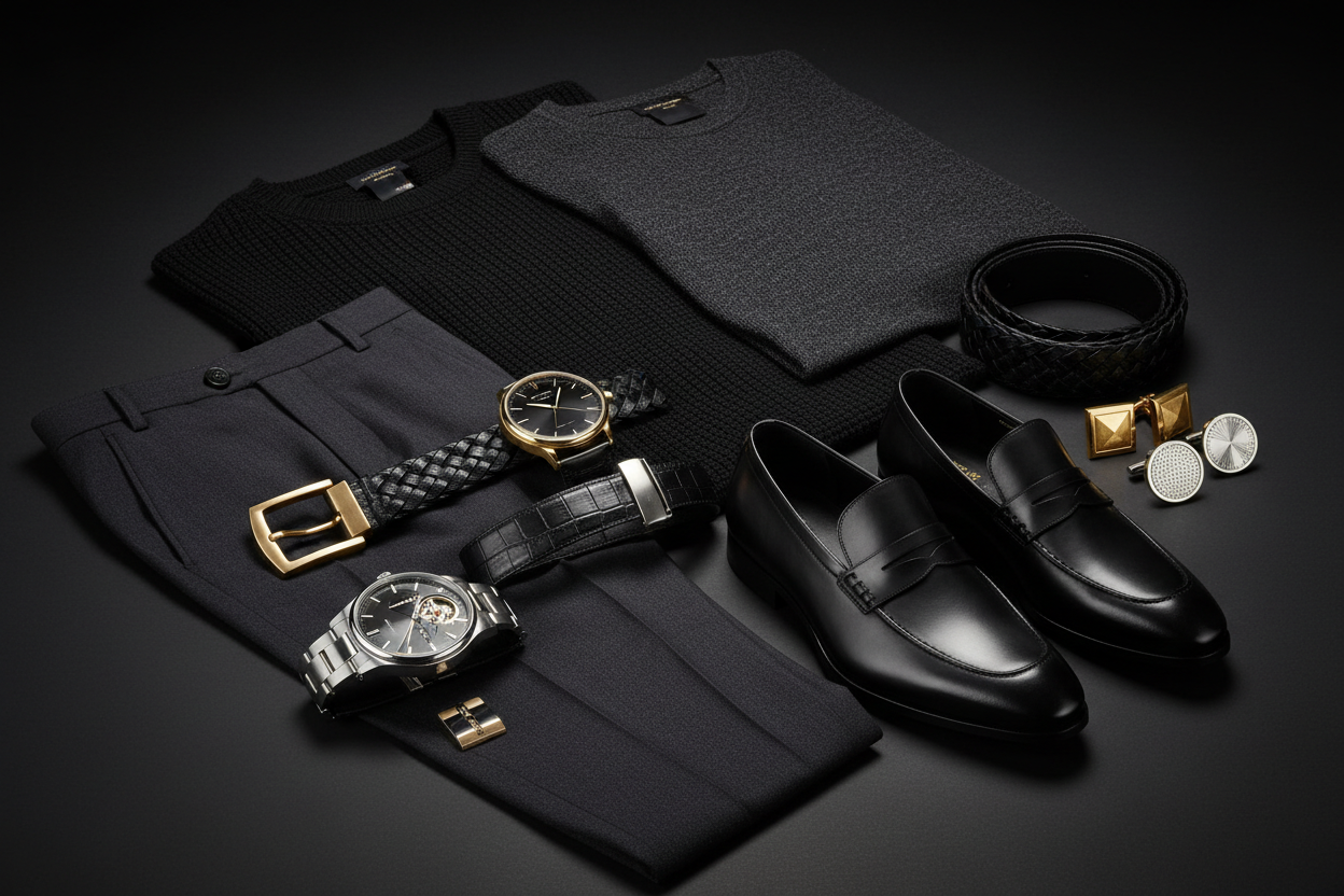 “Create a unique, high-end men’s fashion collage with a dark luxury theme. Use deep blacks, charcoal textures, and subtle metallic accents. Combine premium outfit elements such as tailored chinos, textured knit T-shirts, formal accessories, luxury watches, leather shoes, and clean silhouettes. Arrange the visuals in an artistic collage layout with overlapping layers, soft shadows, and depth. Include dramatic low-key lighting, glossy reflections, and a rich editorial feel.